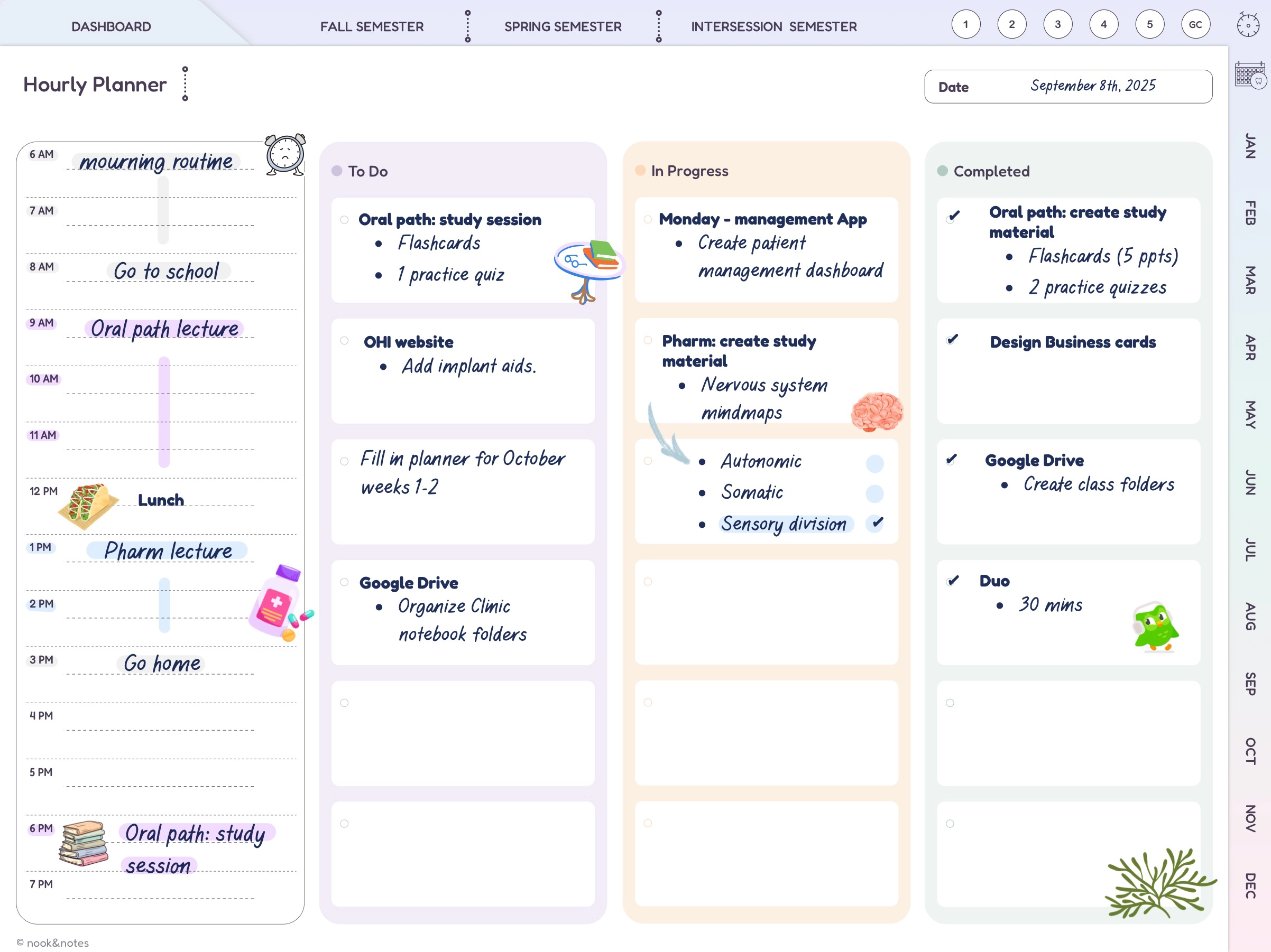 A kanban board with to-do, in-progress and completed columns for dental hygiene school tasks