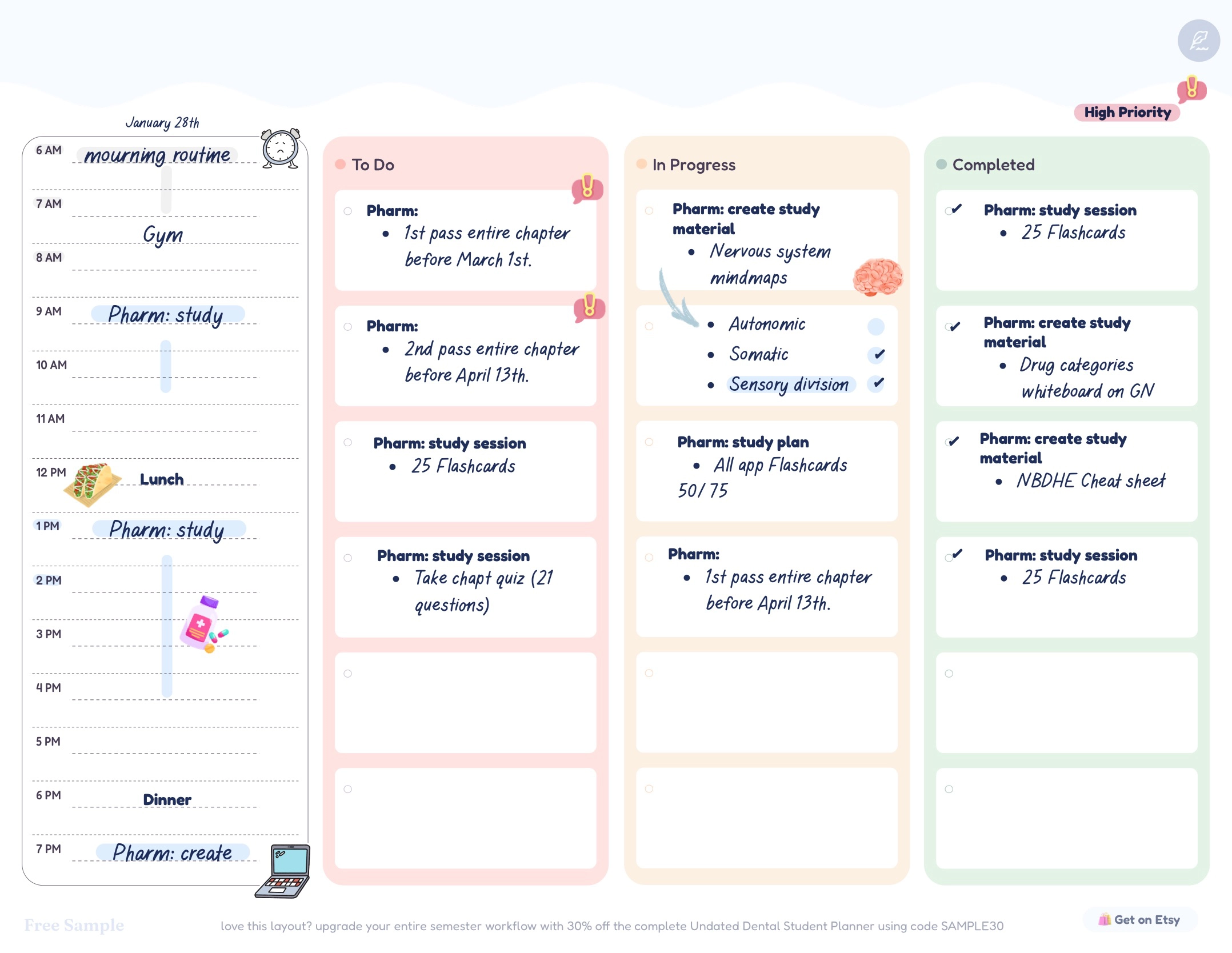 A kanban board with to-do, in-progress and completed columns for dental hygiene school tasks
