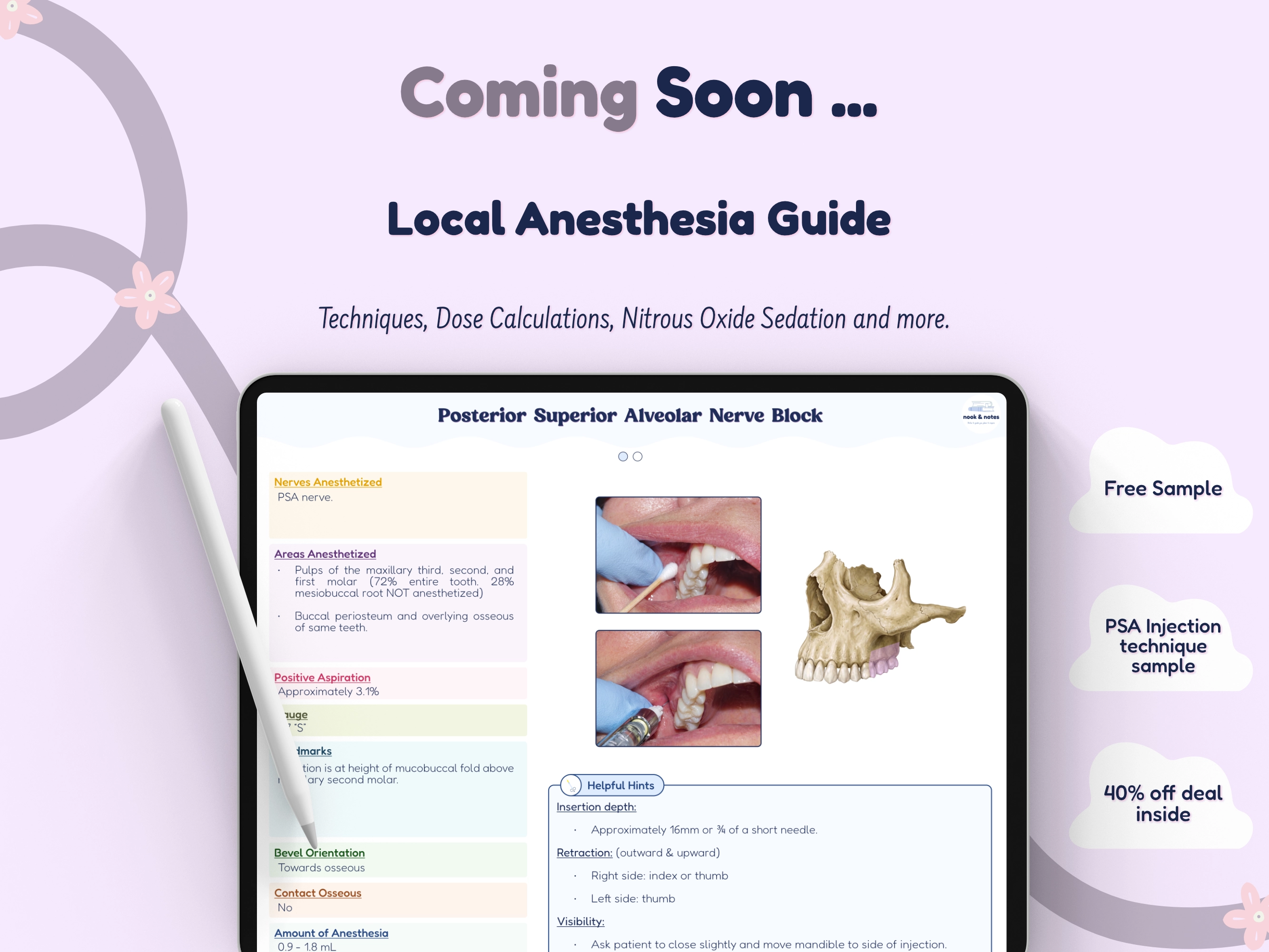 Local Anesthesia Guide coming soon, showing a posterior superior alveolar nerve block page on a tablet