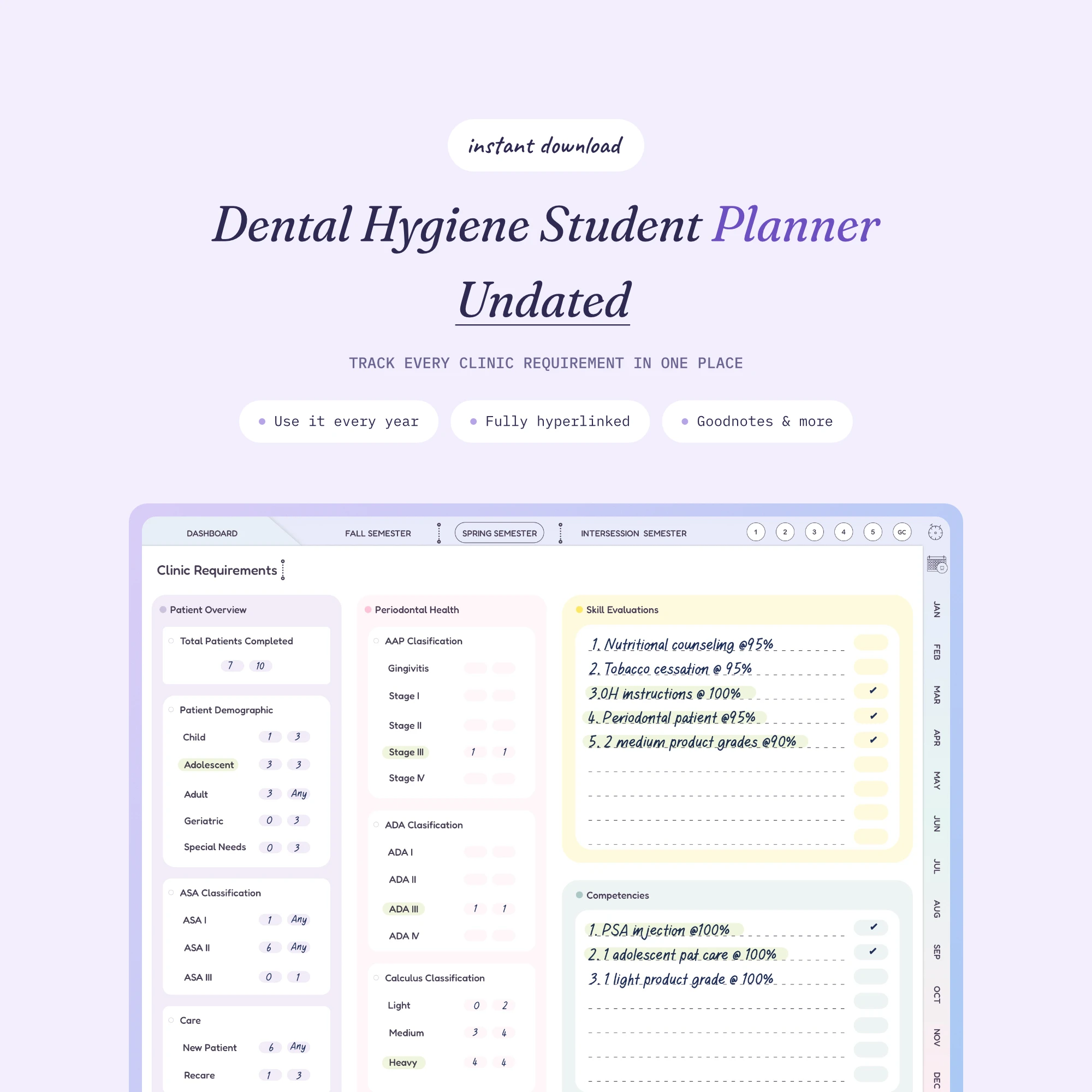 Undated Dental Student Planner shown on a tablet with an hourly planner and kanban board
