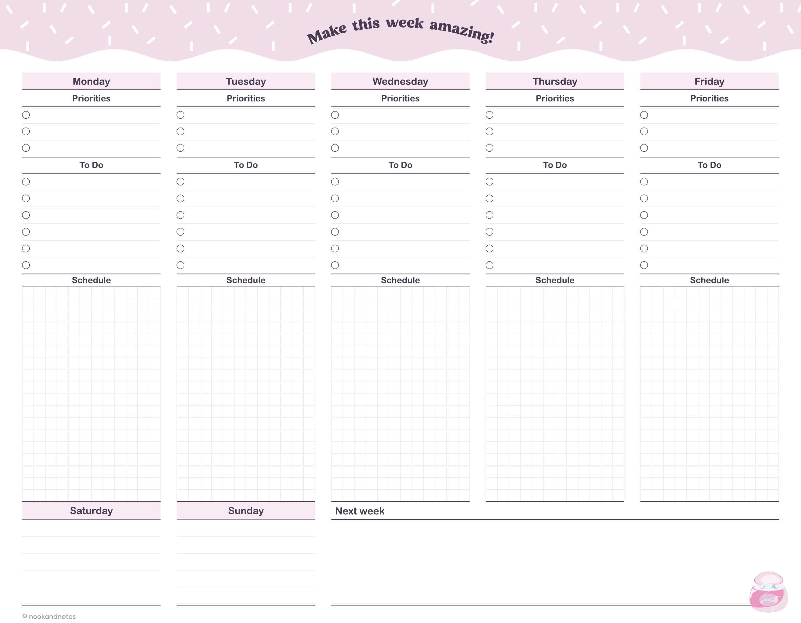 Free weekly planning template with priorities, to-do and schedule sections for each day